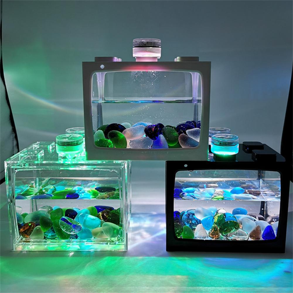 Small Fish Tank With Seven-color LED Lights, Desktop Creative Micro Landscape Ecological Tank DIY Mini Tropical Fish Aquarium - Urban Pet Plaza 