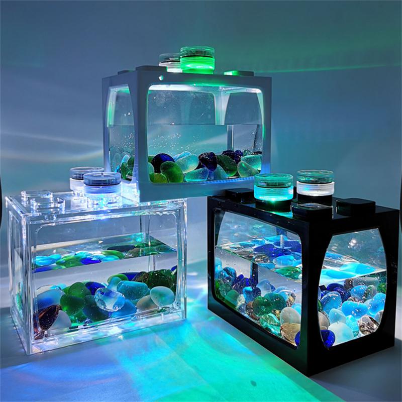 Small Fish Tank With Seven-color LED Lights, Desktop Creative Micro Landscape Ecological Tank DIY Mini Tropical Fish Aquarium - Urban Pet Plaza 