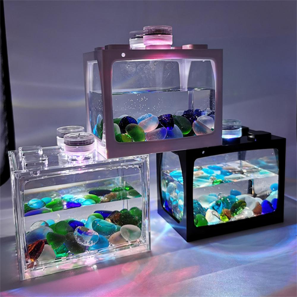 Small Fish Tank With Seven-color LED Lights, Desktop Creative Micro Landscape Ecological Tank DIY Mini Tropical Fish Aquarium - Urban Pet Plaza 