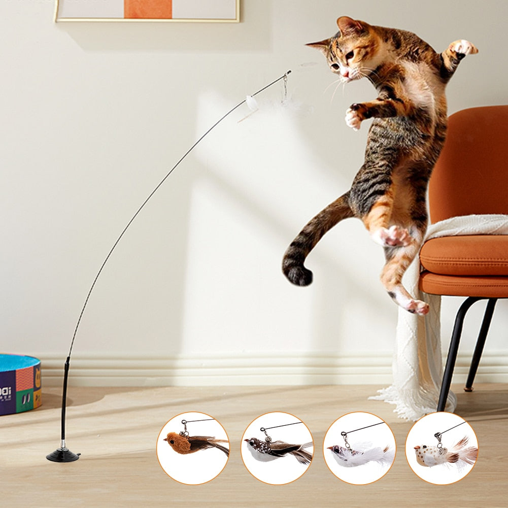 Handfree Bird/Feather Cat Wand with Bell Powerful Suction Cup Interactive Toys for Cats Kitten Hunting Exercise Pet Products - Urban Pet Plaza 