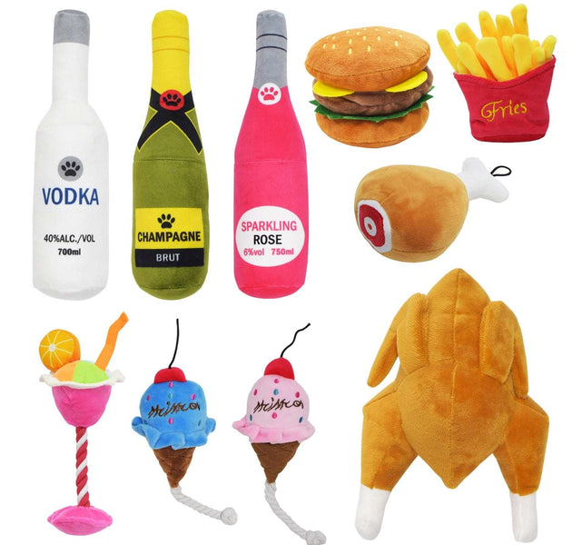 Creative Dog Toys Cocktail Vodka Wine Bottle Pet Toy Plush Filled Champagne Food Shape Toy Squeaky Bite-Resistant Pet Supplies - Urban Pet Plaza 