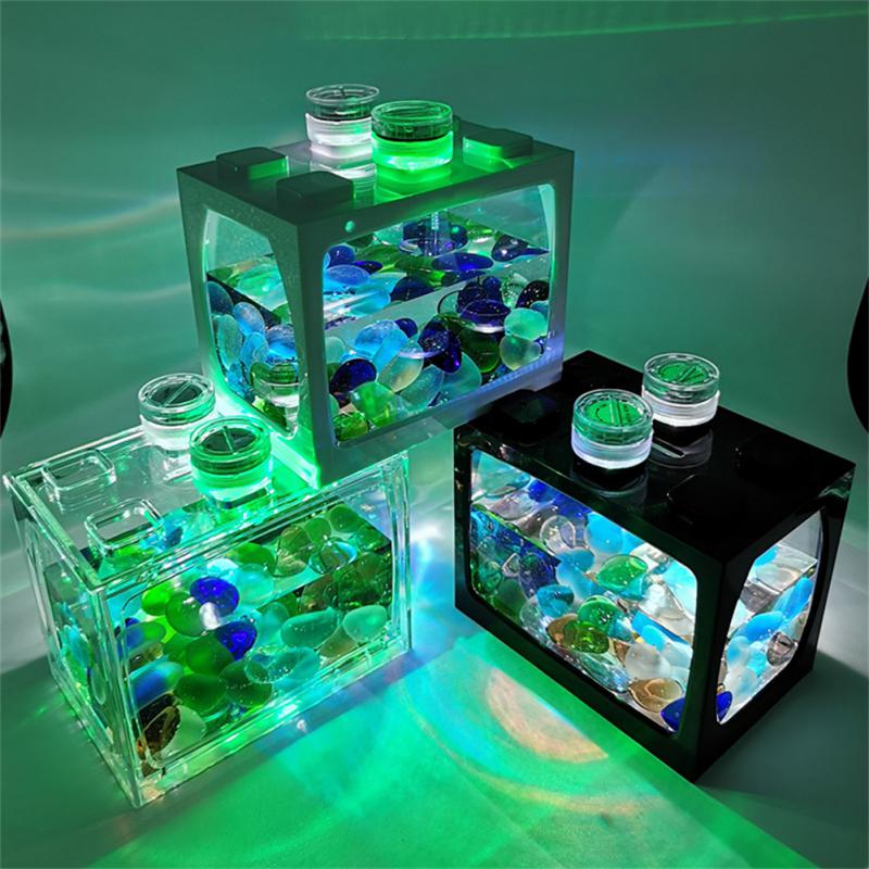 Small Fish Tank With Seven-color LED Lights, Desktop Creative Micro Landscape Ecological Tank DIY Mini Tropical Fish Aquarium - Urban Pet Plaza 