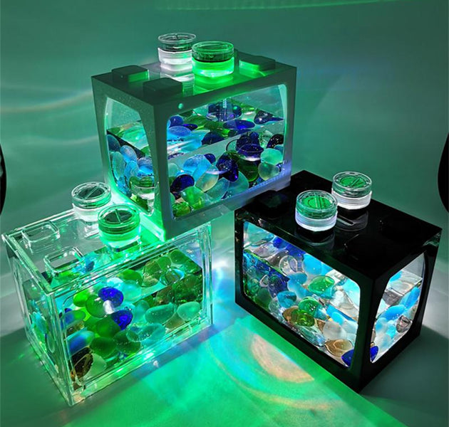 Small Fish Tank With Seven-color LED Lights, Desktop Creative Micro Landscape Ecological Tank DIY Mini Tropical Fish Aquarium - Urban Pet Plaza 